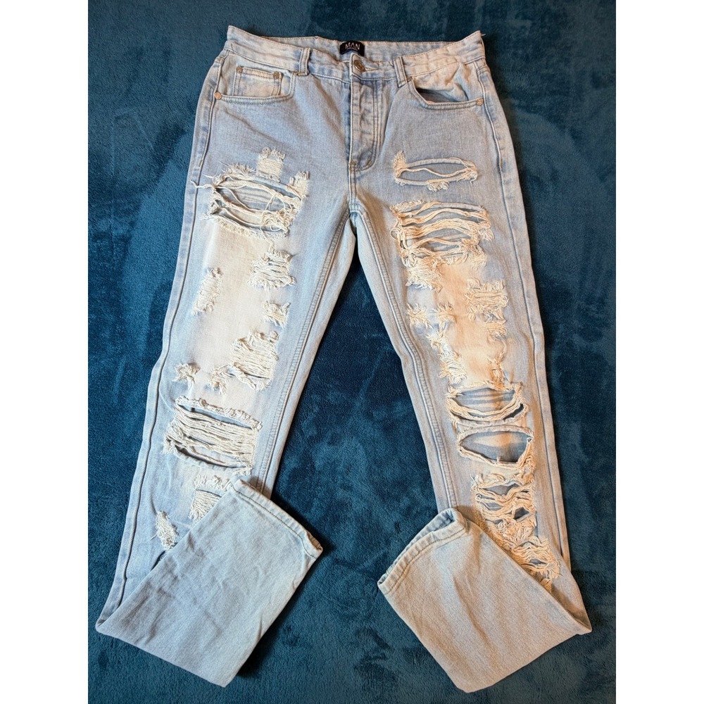 BoohooMAN Mens Light Wash Heavily Distressed Skinny Jeans 32R Blue Ripped Denim